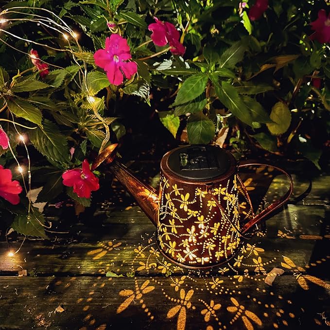 Solar Watering Can Outdoor Lights Garden Decor,Dragonfly Hanging Lantern Waterproof Landscape Lights Outside Decoration for Yard Porch Patio Pathway Gardening Gifts(with 32 inch Shepherd Hook)