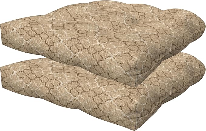 Honeycomb Outdoor Essentials Set of 2 Tufted Seat Pads, 19 x 18, Courtyard Geo Almond Dining Chair Cushions for Patio Furniture