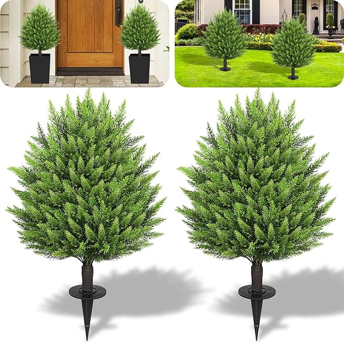 31" Artificial Cedar Topiary Ball Trees with Ground Spike,2 Pack Fake Pine Shrubs Bushes, UV Resistant Faux Evergreen Cypress Tree Plants for Indoor Outdoor Planters Front Porch Garden Decor