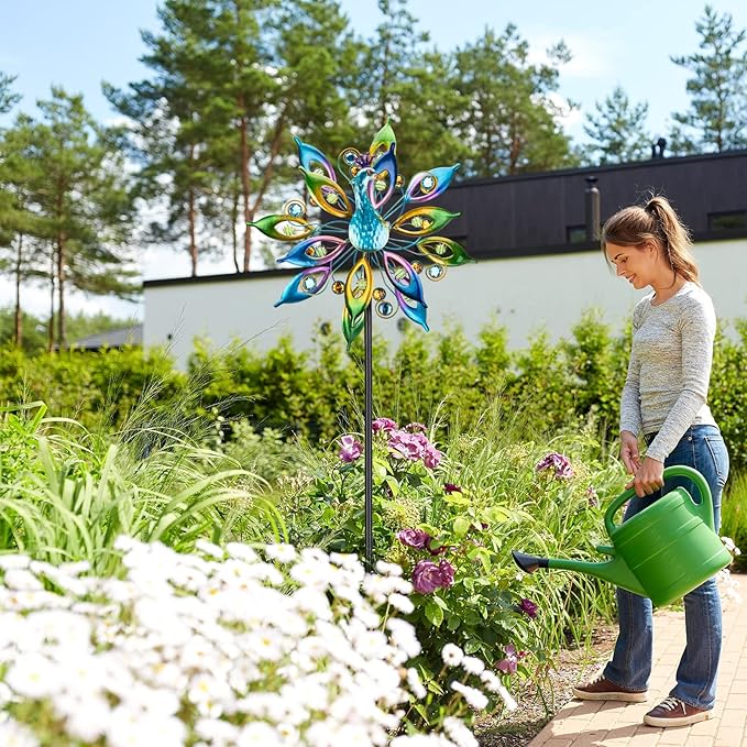 DREAMYSOUL 15.7" D*65”H Metal Peacock Wind Spinners Double Sided Kinetic Wind Sculptures Outdoor Metal Windmill for Garden Yard Decor
