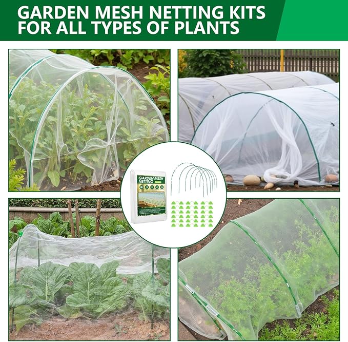 Garden Netting Kit for Raised Beds, 10x30FT Ultra Fine Mesh Netting＆ 6 Sets of 8FT Fiberglass Garden Hoops, Bird Barrier Protection Net Vegetable Plant Cover Fruit Flowers Row Cover
