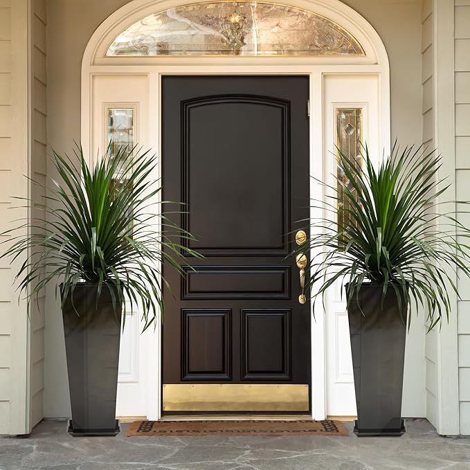 KOL 28''H. Tall Galvanized Steel Glazed Planter with Insert, Set of 2, Planter Pots for Indoor & Outdoor Use, Decorative Flower Plant Pots with Drainage Hole for Front Porch, Patio, Deck - Black