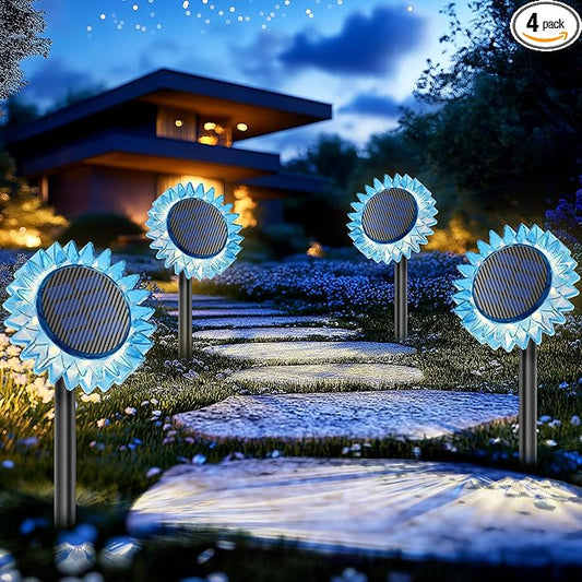 Solar Garden Lights - Upgraded Solar Sunflower Light, Ground/Wall 2 In 1, Solar Outdoor Lights Waterproof IP67,Garden Yard Patio Backyard Pathway Landscape Fence Wall Decoration, Warm White(4 Pack)