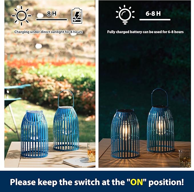 Set of 2 Solar Lantern Outdoor Waterproof Hanging Metal Birdcage Shaped Lantern Decorative Solar Light for Garden Yard Patio Porch, Blue