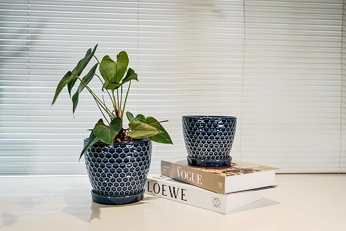 Docrin Ceramic Plant Pots Indoor, 6.6 + 5.5 Inch Planters with Drainage Holes and Saucer for Home/Office - Set of 2 /Blue Honeycomb