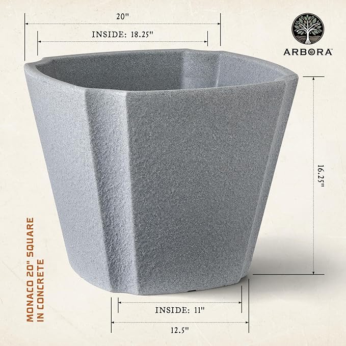 ARBORA 20" Monaco Square Polyresin Indoor and Outdoor Planter with Stone Blend Concrete Gray Finish - Durable, Weatherproof, Lightweight, Large Plant Pot for Patio, Garden, Deck, Entryway