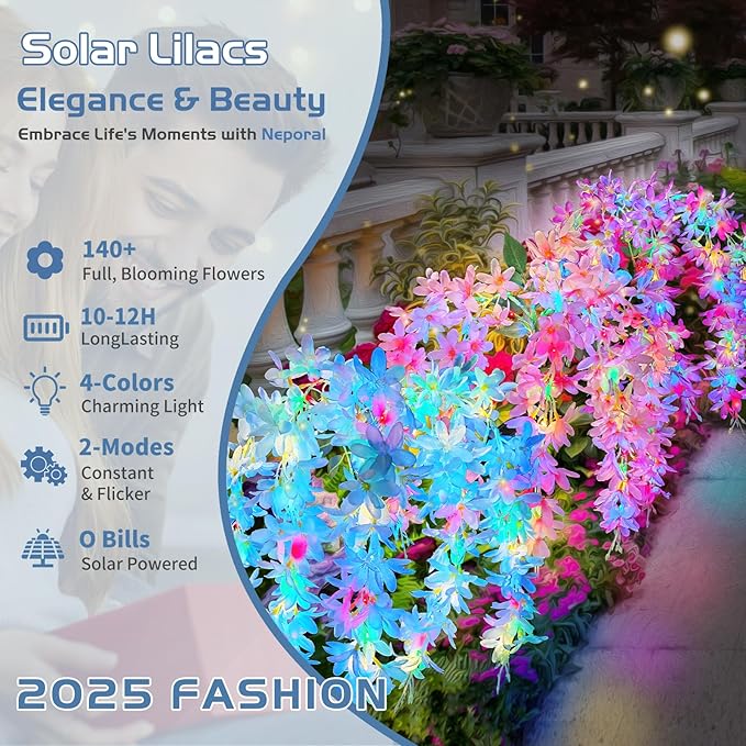 Neporal Solar Flowers Outdoor Waterproof IP65, 5 Lilac Flower Vines with 140+ Flowers, 2 Lightning Modes &Enlarged Solar Panel, 3PK Blue/Pink/Purple Solar Garden Lights Outdoor for Garden, Yard Decor