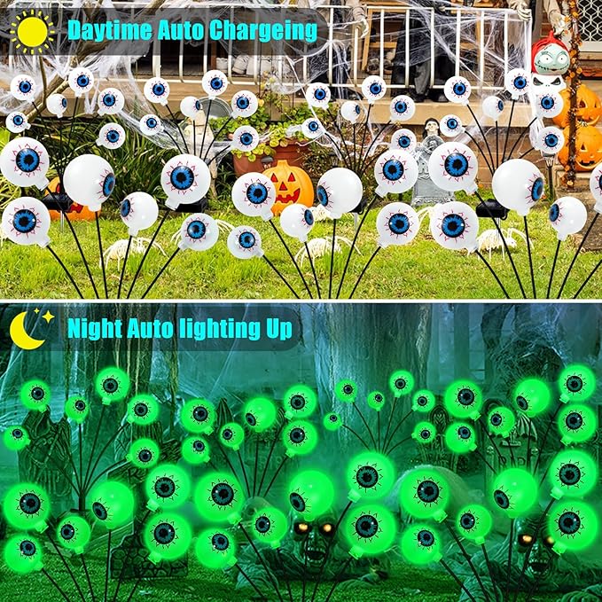 Solar Halloween Decorations, 4 Pack 24 LED Spooky Eyeball Lights, Green Eyeball Swaying Firefly Lights,Waterproof Solar Halloween Path Lights for Yard Garden Lawn Party Decor