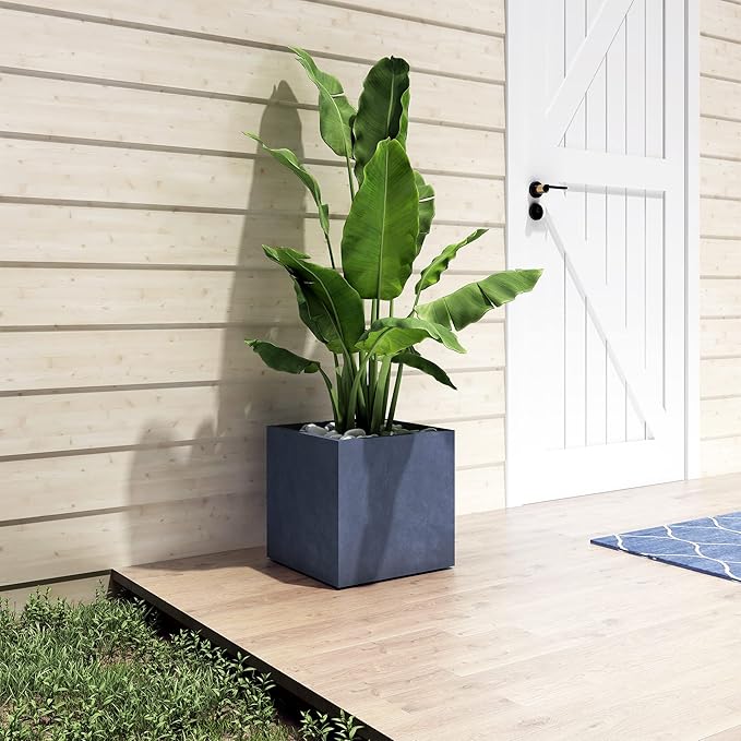 Kante 16 Inch Square Concrete Planter for Outdoor Indoor Home Patio Garden, Large Plant Pot with Drainage Hole and Rubber Plug, Charcoal
