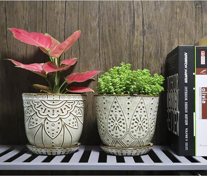 Gepege 6 Inch Beaded Ceramic Planter Set of 2 with Drainage Hole and Saucer for Plants, Indoor-Outdoor Large Round Succulent Orchid Flower Pot (Smoked Gray, Inner-pots not Larger Than 5 Inch)