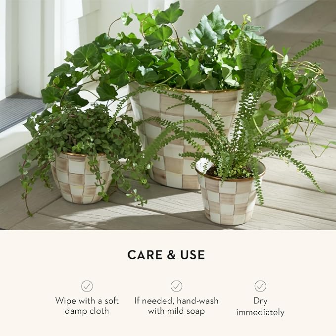 MACKENZIE-CHILDS Enamel Garden Pot, Decorative Pot for Plants, Outdoor Flowerpot Decor, Extra Large, Brown-and-White Mocha Check