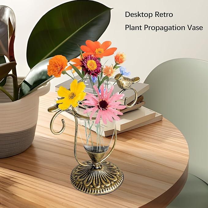 POXOH Vintage Glass Planter - Metal & Glass Propagation Vase with Gold Dual Birds Art, Retro Indoor Planter for Hydroponic Plants, Office Desk Decor, Living Room Centerpiece