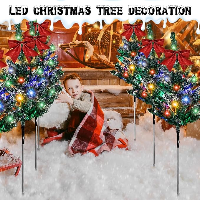 VIHOSE 8 Pcs Solar Christmas Trees Garden Stake Lights Outdoor Xmas Pathway Lights with Decorative Bows Solar Powered Pre-lit Christmas Tree Decor for Outdoor Winter Garden Patio