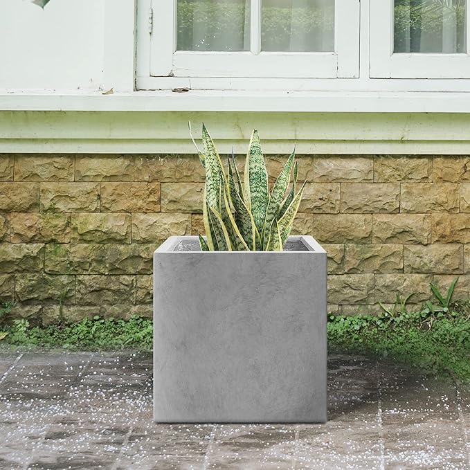 Kante 16 Inch Square Concrete Planter for Outdoor Indoor Home Patio Garden, Large Plant Pot with Drainage Hole and Rubber Plug, Natural Concrete