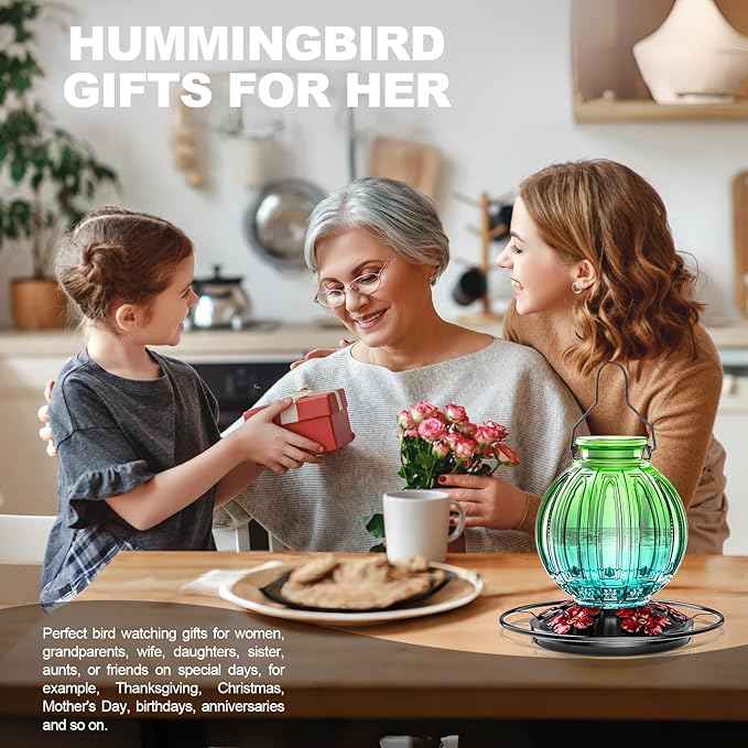 Glass Hummingbird Feeder for Outdoors Hanging, Bird Nectar Feeder with Perch & 5 Flower Feeding Ports, 26 Oz Leak Proof for Outside Garden Decor Backyard, Gifts for Women Mom, Green & Blue