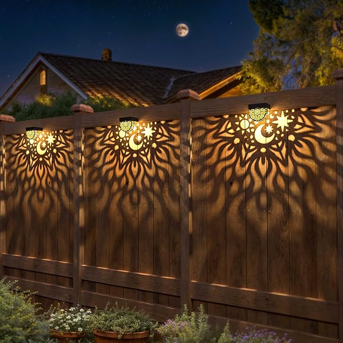 Solar Fence Lights 6 Pack Solar Deck Lights Waterproof LED Powered Step Wall Lanterns Outdoor Decorations Warm Yellow Decorative Lighting for Garden Backyard (Black)