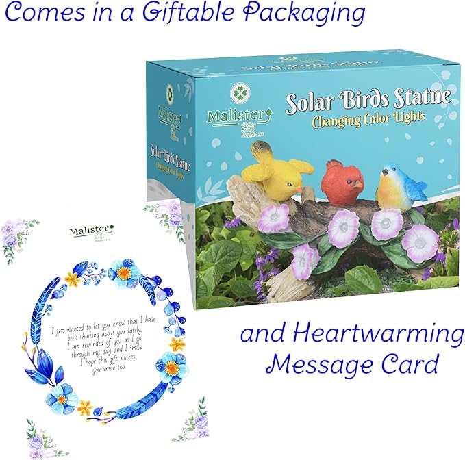 Malister Bird Figurines with Color Changing Solar Light Garden Decor, Outdoor Decor Garden Statues, Gnome Decor Garden Art Outdoor Statues Patio Decor Lawn Yard Art, Statue Gifts