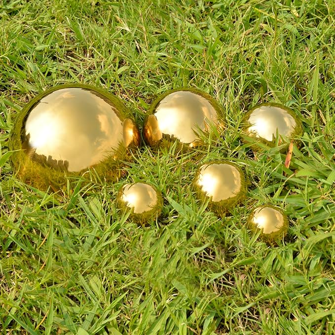 Nerien Gazing Ball, Stainless Steel Garden Mirror Globe, Polished Ornament Sphere, Hollow Floating Reflective Hemisphere, for Home Outdoor Pond Housewarming Swimming Pool Decoration, Gold, 6Pcs Mix