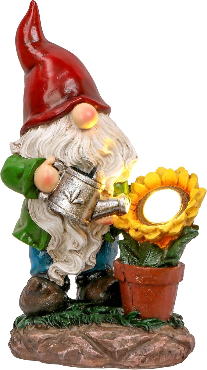TERESA'S COLLECTIONS Sunflower Garden Gnomes Decorations for Yard with Solar Lights, Cute Resin Garden Sculptures & Statues for Outdoor Patio Lawn Ornaments,Ideal Gifts for Mom Women and Man, 11.4"