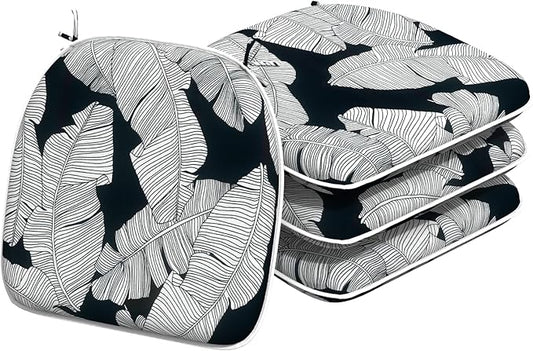 Indoor/Outdoor Chair Cushions 16x17 Inch, Patio Chair Cushions with Ties, All Weather Seat Cushions for Patio Furniture Home Garden Chair Use, Set of 4, Black Lush Leaves