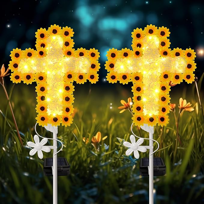 YJFWAL Solar Daisy Cross Garden Stake Lights, Yard Solar Lights Cemetery Decorations for Grave Outdoor Light Jesus Cross Sympathy Memorial Gifts for Grandmother, for Garden Yard Lawn Patio Pathway