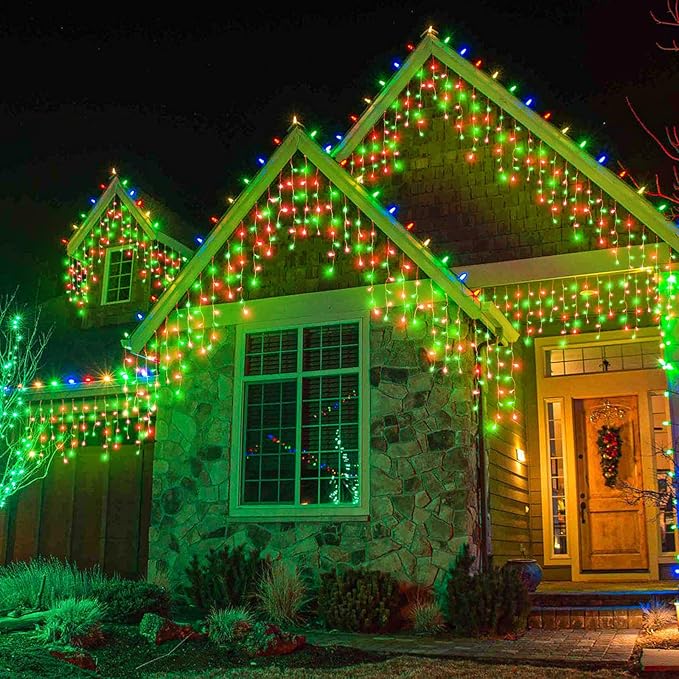 Icicle Lights for Outside, 33FT 400 LED Christmas Lights Outdoor with Waterproof 8 Modes, Plug in Connectable String Twinkle Light for Indoor Roof Window Garden Fence Party Decorations, Red Green