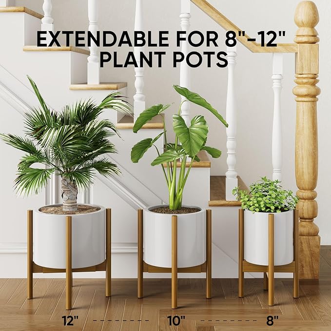 MUDEELA Adjustable Plant Stand Indoor, Bamboo Plant Stand 8 to 12 Inches, Single Floor Plant Stand for Indoor Plants, Bamboo Light Brown Planter Stand for Indoor Plants, Pot Plant Not Included