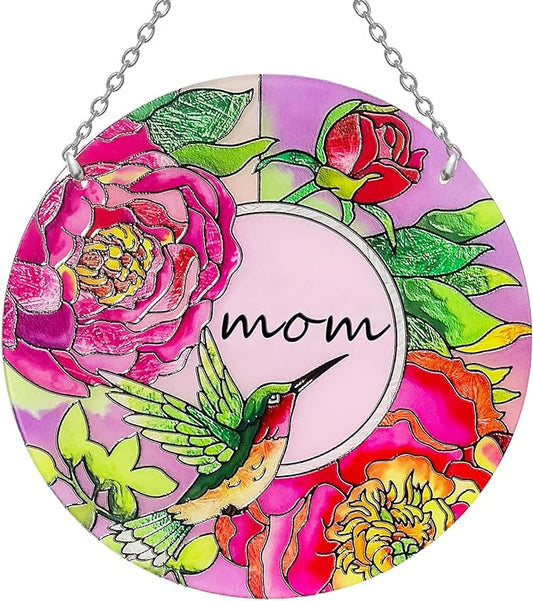 Hummingbird Gifts for Mom, Stained Glass Bird Window Hangings, Sun Catcher Ornament Hanging for Windows, Hummingbird Suncatcher for Women, Mother's Day Birthday Christmas (Suction Cup, 6in)