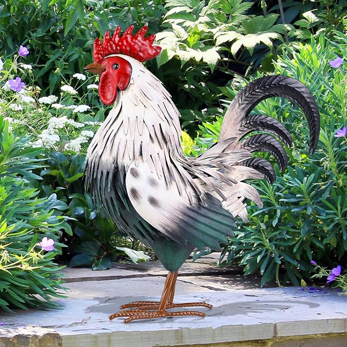 Rooster Garden Statue Sculpture Metal Chicken Yard Decor Outdoor Figurines Patio Backyard Decoration
