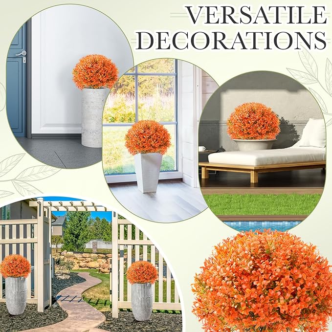 Yunlly 2 Pack 18" Artificial Boxwood Ball Bush Topiary Trees Fake Outdoor Plants, Realistic UV Resistance Faux Shrubs with Spike Greenery Topiary for Front Porch Garden Yard Patio Indoor (Orange)
