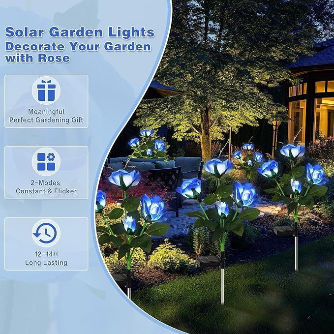 Solar Garden Lights Outdoor, 6 Pack Solar Flower Lights Outdoor Waterproof with 24 Rose, 2 Modes Realistic Rose Flower for Yard, Pathway, Garden Decor & Gardening Gift