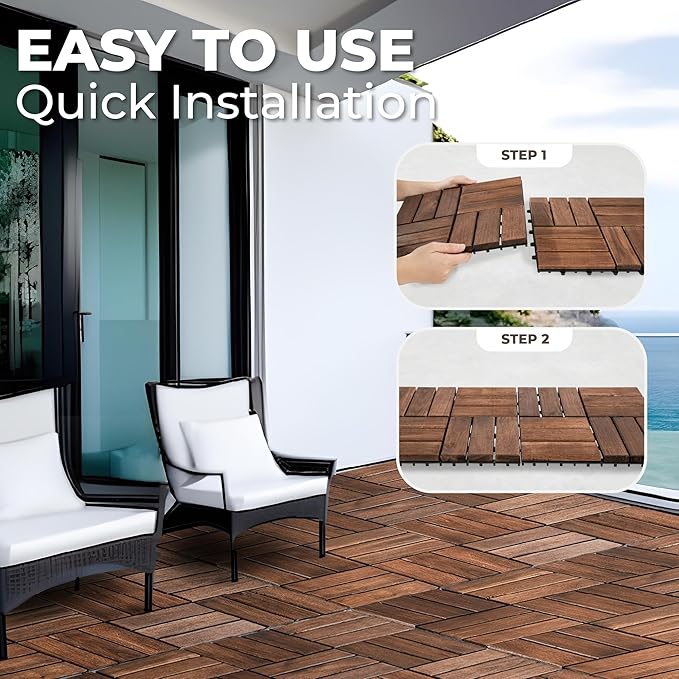 Pack of 10 Deck Tiles - 12"x12" Interlocking Natural Solid Acacia Wood for Outdoor & Indoor, Patio Garden, Balcony, Poolside - Dark Brown Color