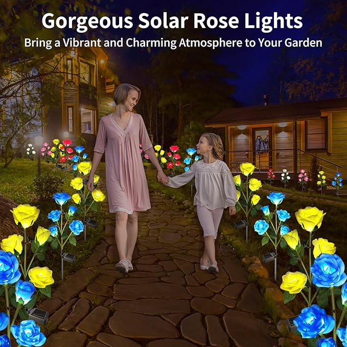 Solar Garden Lights - Realistic 20 Rose Waterproof Solar Flowers for Outside Patio Yard Pathway & Christmas Decorations, Blue & Yellow
