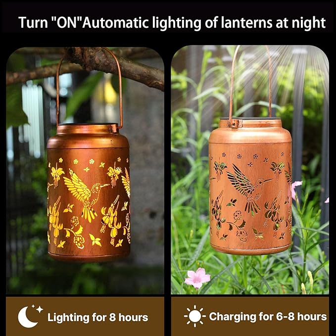 Solar Lanterns Outdoor Waterproof Hummingbird Hanging Solar Lights,Hollowed Metal Lantern Light Decorative for Garden,Patio,Yard,Lawn,Front,Porch Decor Christmas Gifts for Women mom Grandma 2pack