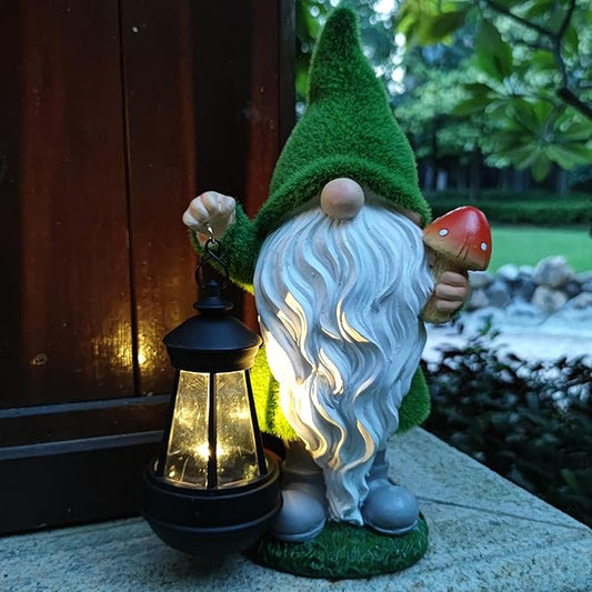 Solar Gnomes Garden Statues,Resin Gnome Figurine Holding Mushroom and Solar Lights Lantern,Outdoor Yard Art Decorations for Garden Patio Lawn