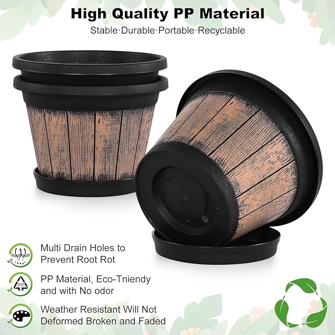 Quarut Plant Pots Set of 3 Pack 9 inch,Whiskey Barrel Planters with Drainage Holes & Saucer.Plastic Decor Flower Pots Imitation Wine Barrel Design,for Indoor & Outdoor Garden Home Plants (Brown)