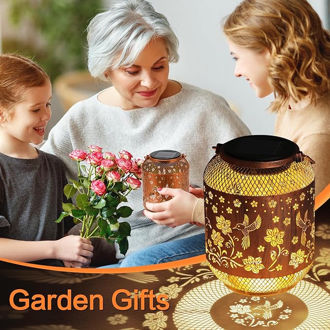 Hummingbird Solar Lanterns Outdoor Waterproof Garden Decor Birthday Gifts for Women Mom Grandma, Hanging Solar Lights Metal Lantern Decoration Outside for Yard, Patio, Backyard, Porch