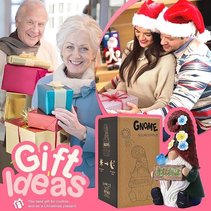 Goodeco Sitting Gnome with Welcome Sign - Garden Gnomes Outdoor with Solar Bird & LED Lights, Ideal Gifts for Mom or Women, Housewarming Gnome Decorations