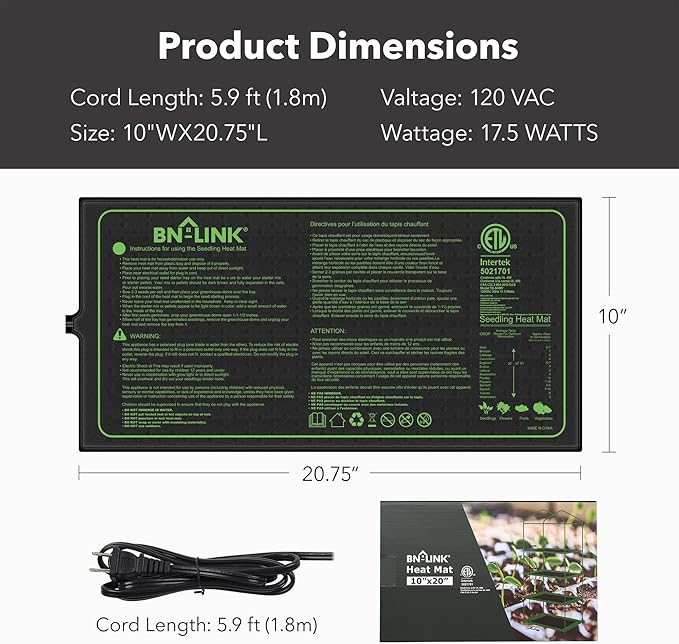 BN-LINK Seedling Heat Mat 10" x 20.75" 4 Pack Daisy Chainable Warm Hydroponic Heating Pad Waterproof for Seed Starting Germination, Indoor Gardening, Greenhouse