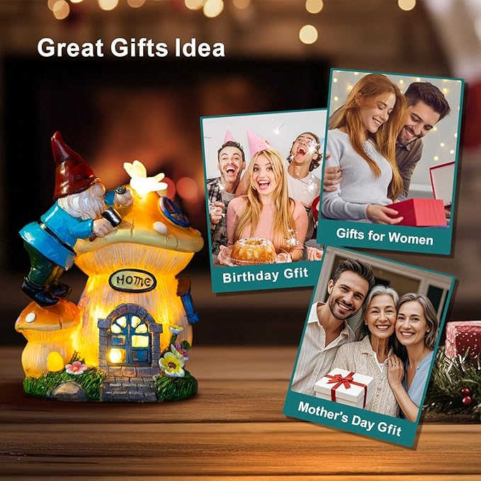 Garden Gnome Statues Figurine Lights - Solar Powered Lighting Outdoor Decorations, Gnome Build Mushroom House, Yard Art Lawn Ornaments for Porch Patio Balcony - Gnome Gifts for Women Mom