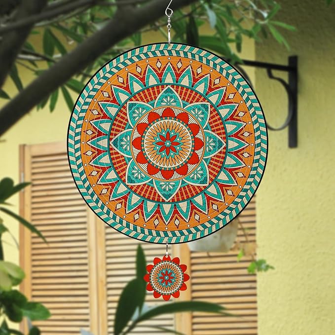 TUOKING Mandala Wind Spinners Outdoor Metal 3D Hanging Art Wind Spinner 12 Inch Stainless Steel for Yard and Garden Decoration Worth Gift for Women