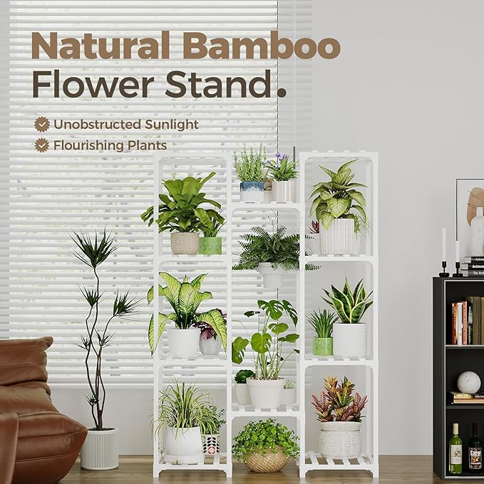 Bamworld White Plant Stand Indoor Plant Shelf Outdoor Wood Plant Rack for Multiple Plants 3 Tiers Ladder Plant Holder for 7 Plant Pots for Living Room Boho Home Decor for Gardening