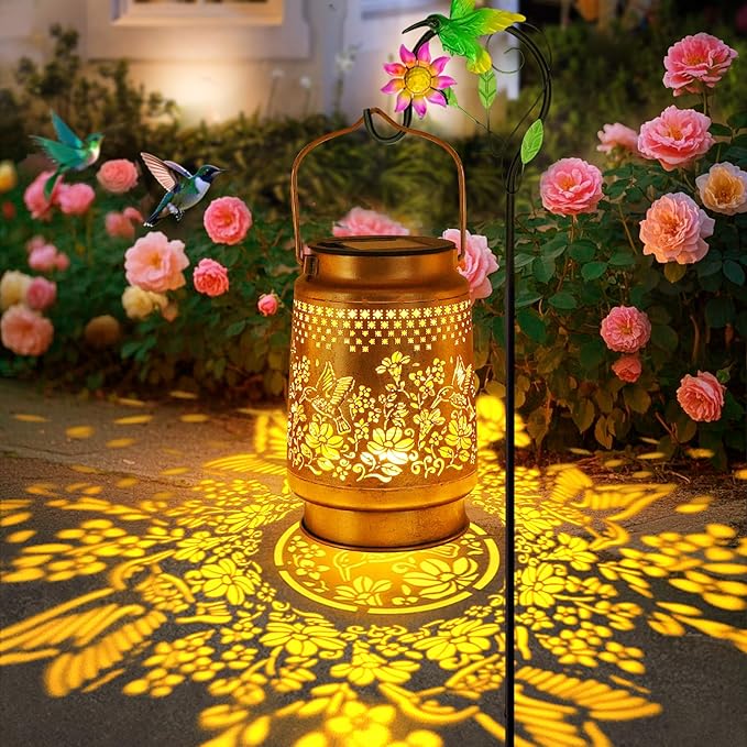 Solar Lanterns Outdoor Hummingbird Garden Decor, Birthday Gifts for Women Mom Grandma Metal Hanging Lantern Lights Waterproof Solar Lights with Shepherd Hook LED Decoration for Garden Yard Patio Lawn