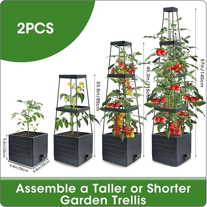 MQFORU 2 Packs Raised Garden Bed Tomato Planter with Trellis, 57" Tomato Cages for Climbing Vegetables Plant, Self Watering Planters Box for Garden Pots for Patio Greenhouse Indoor Outdoor（2PCS）