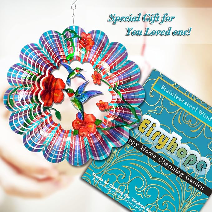 Hummingbird Wind Spinner - Hummingbird Gift for Women Men, Metal Wind Spinners for Outdoor & Indoor Decoration 12in 3D Hanging Bird Wind Catcher Unique Garden Decor Kinetic Yard Art Ornament