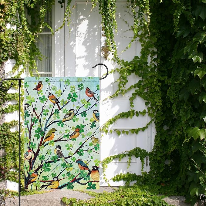 Louise Maelys St Patricks Day Garden Flag Shamrock Bird Tree Welcome Double Sided 12x18 Inch Small Burlap Spring Holiday Yard Outdoor Outside Home Decor