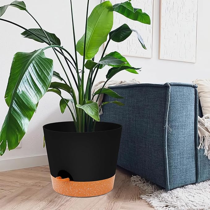 GARDIFE 12 inch Plant Pots, planters, Self Watering Pots, Large Plastic Flower pots with Deep Reservior and High Drainage Holes for Indoor Outdoor Plants and Flowers, Black