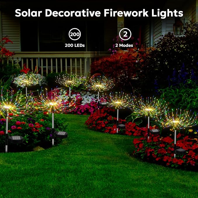 Colorful Solar Garden Lights Outdoor Waterproof Firework Light Solar Powered 200 LED Sparkles Landscape Fairy Light Outside Decorations for Yard Patio Pathway Lawn Party Decor, 6 Pack