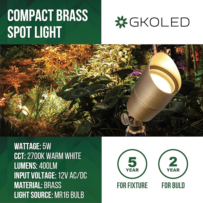 GKOLED Solid Brass Low Voltage Compact Spotlight, 12V AC/DC Waterproof Outdoor Landscape Spot Lights for House Trees Garden Yard Lawn, Up Light with 5W 2700K MR16 Bulb, Stake Included, 12 Pack
