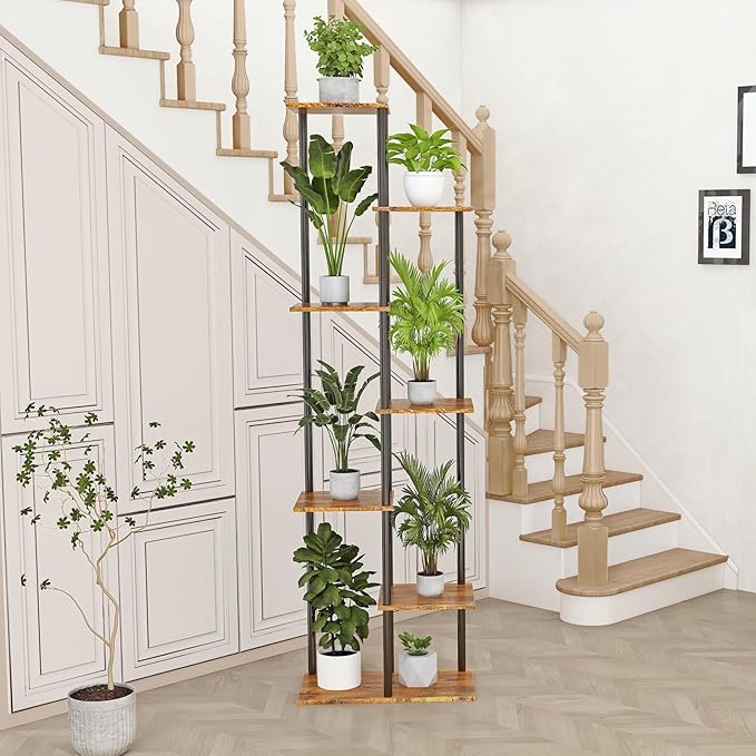 Plant Stand Indoor 7 Tier 8 Potted Metal Wood Plant Shelf, Multiple Flower Pots Corner Tall Plant Holder Stands for Living Room Balcony Bedroom, Rustic Brown